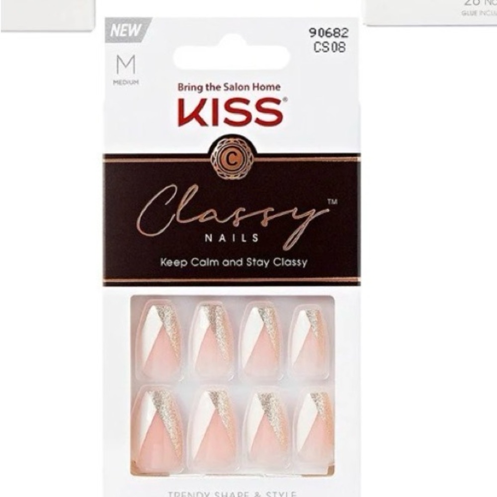 KISS Classy Medium Coffin Shaped Sparkle V French Tip Press on Nails